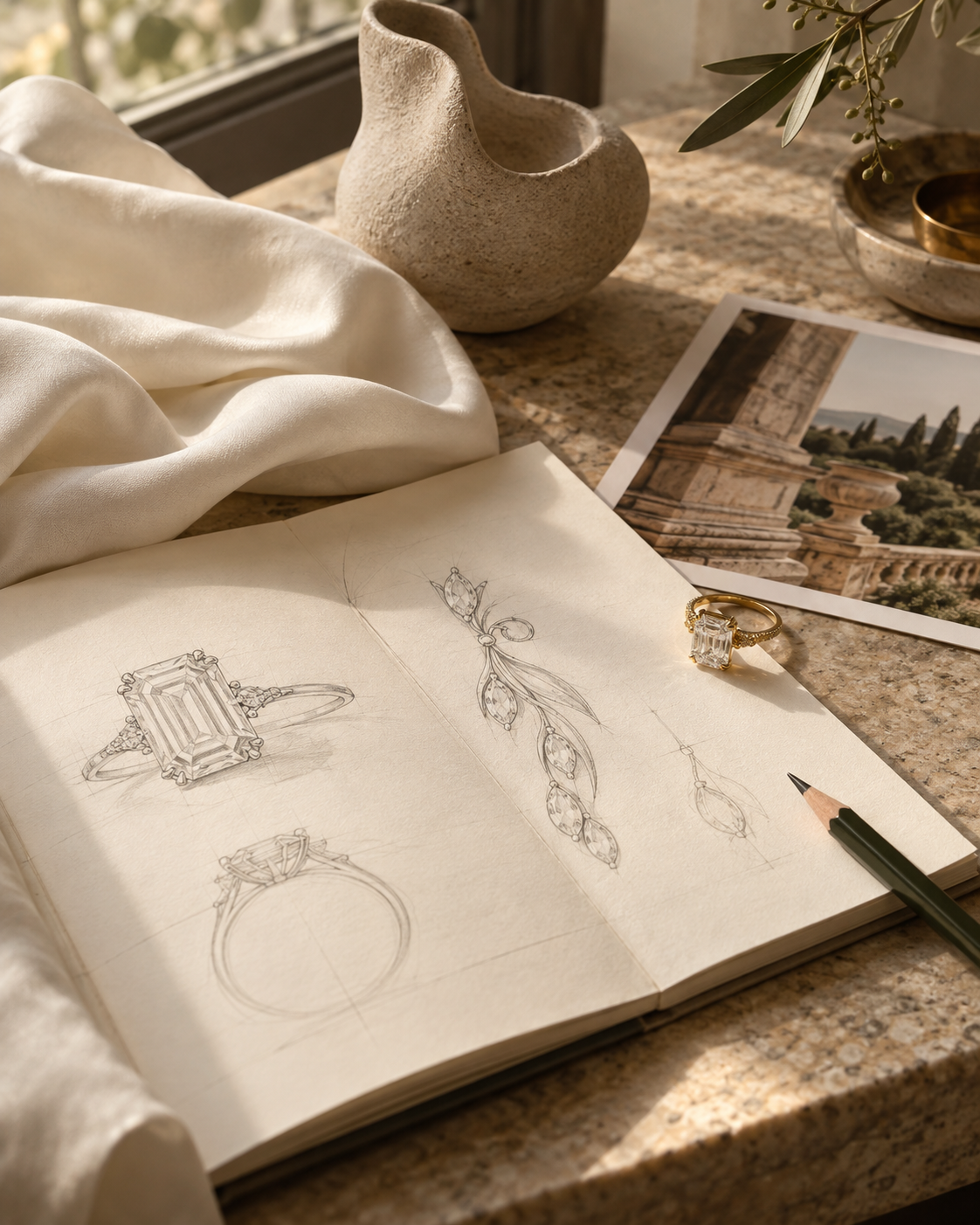 Illustrative still life of jewelry sketches, a ring, and art references