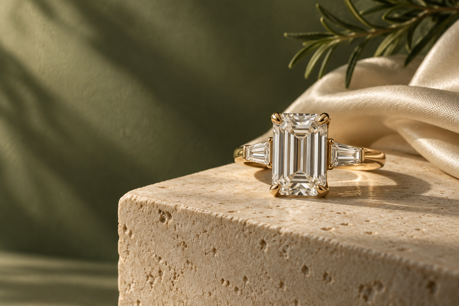 Illustrative emerald-cut diamond ring in gold on sculptural stone